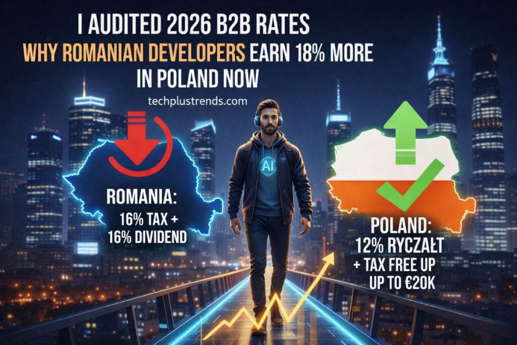 Visual comparison of Poland’s 12% ryczałt tax and Romania’s 16% corporate and dividend tax system affecting developers in 2026.