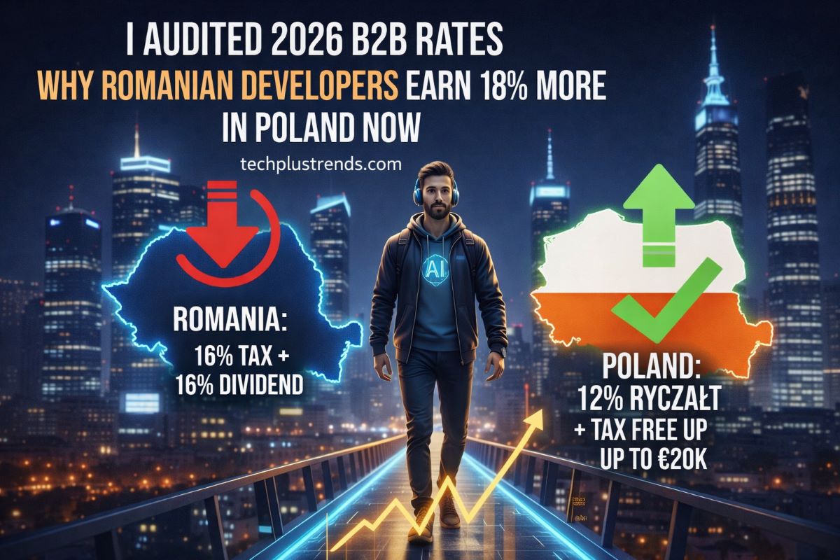 Visual comparison of Poland’s 12% ryczałt tax and Romania’s 16% corporate and dividend tax system affecting developers in 2026.