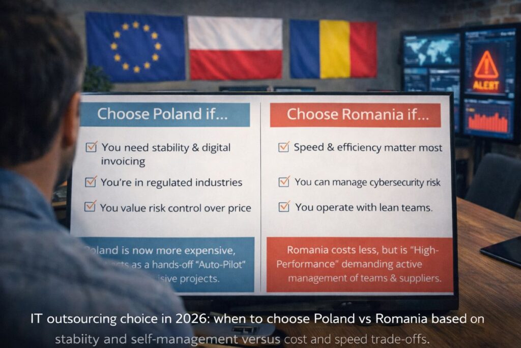 Decision-makers comparing operational risk, compliance burden, and cost trade-offs between Poland and Romania for IT outsourcing in 2026.