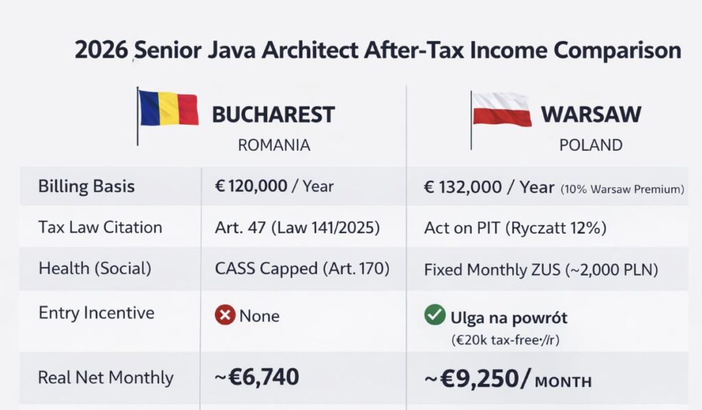 Infographic comparing Poland and Romania tax systems for senior Java architects in 2026, including Ryczałt 12 percent and Romanian dividend tax impact