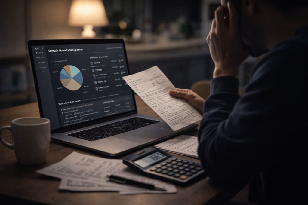 Person reviewing household spending on a laptop late at night in a calm, reflective setting