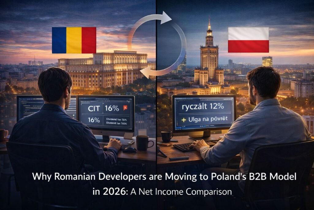 Comparison showing a senior software developer moving from Romania to Poland in 2026, highlighting higher net income under Poland’s B2B tax system.