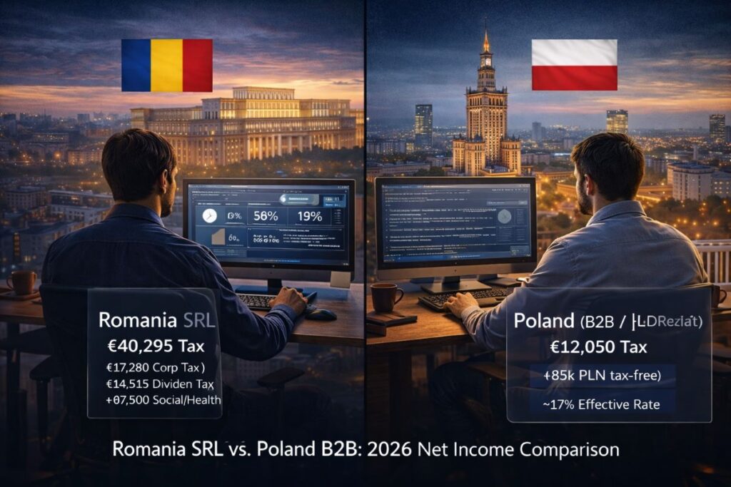 Side-by-side comparison of Romania and Poland illustrating differences in B2B taxation and net income for developers in 2026.