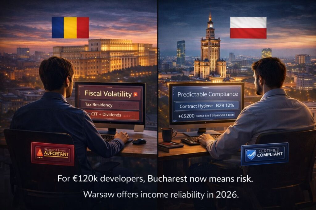 Illustration of a Romanian software developer considering relocation to Poland for better B2B tax stability and higher net earnings in 2026.