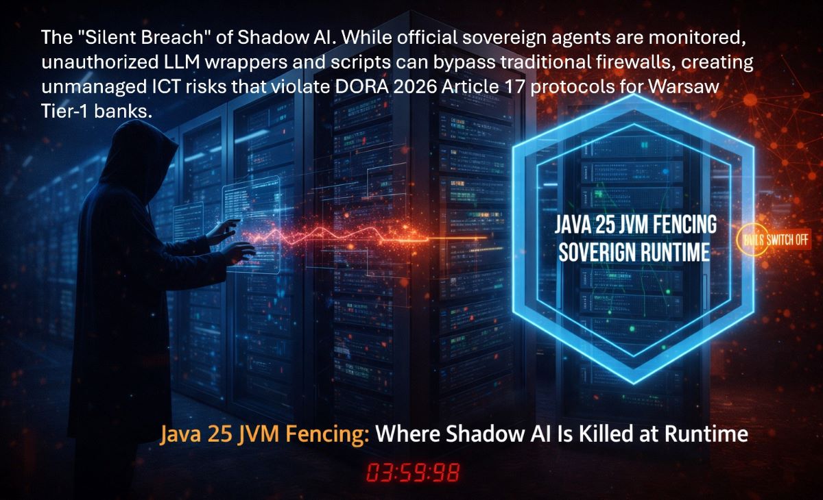 A conceptual visualization of Shadow AI as a glowing purple figure behind a banking firewall, representing unmanaged AI agents bypassing traditional ICT security in 2026.