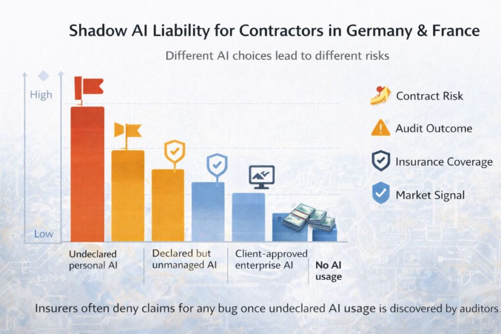 2D comparison graph showing how different AI usage choices by B2B contractors affect contract risk, audit outcomes, insurance coverage, and market perception under DORA.