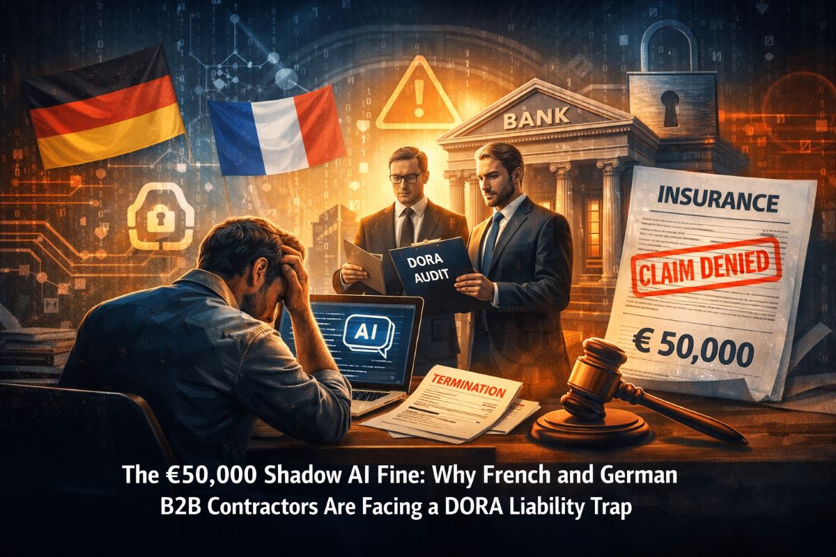 Digital illustration showing a freelancer’s laptop connected to banking systems, with AI symbols in shadow, representing hidden AI liability risks under DORA in Germany and France.