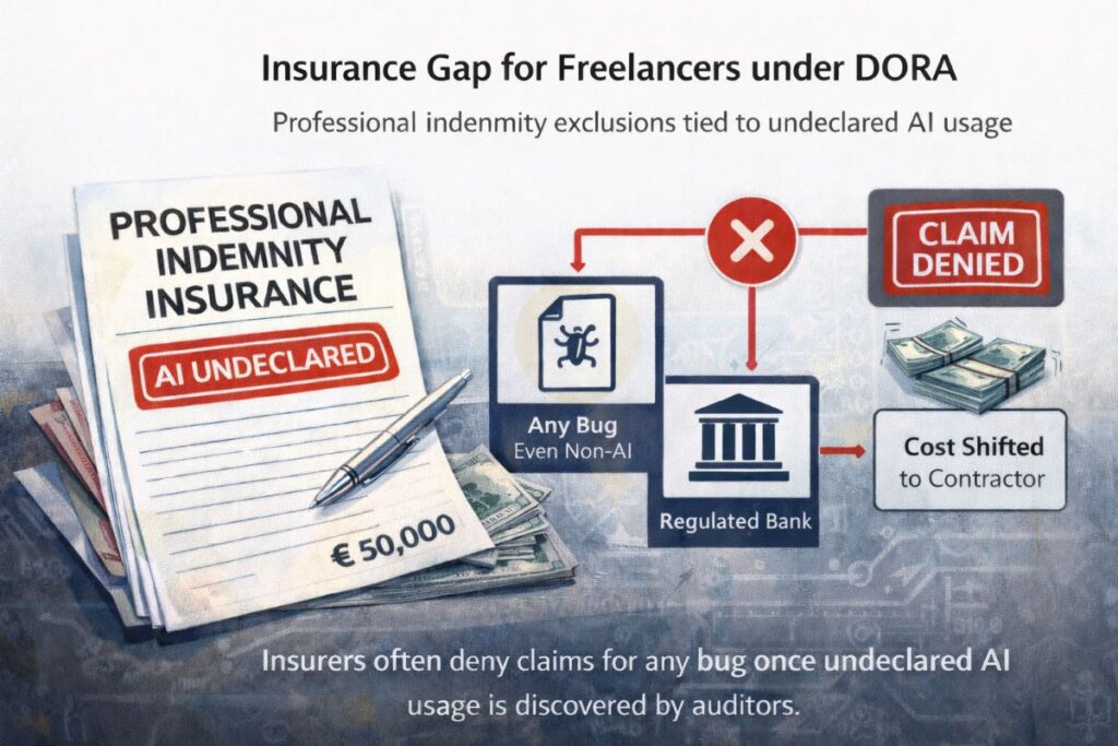 Minimal 2D infographic illustrating indirect enforcement under DORA Article 30, showing how unmanaged AI use leads to contract termination risk and insurance gaps for B2B contractors.