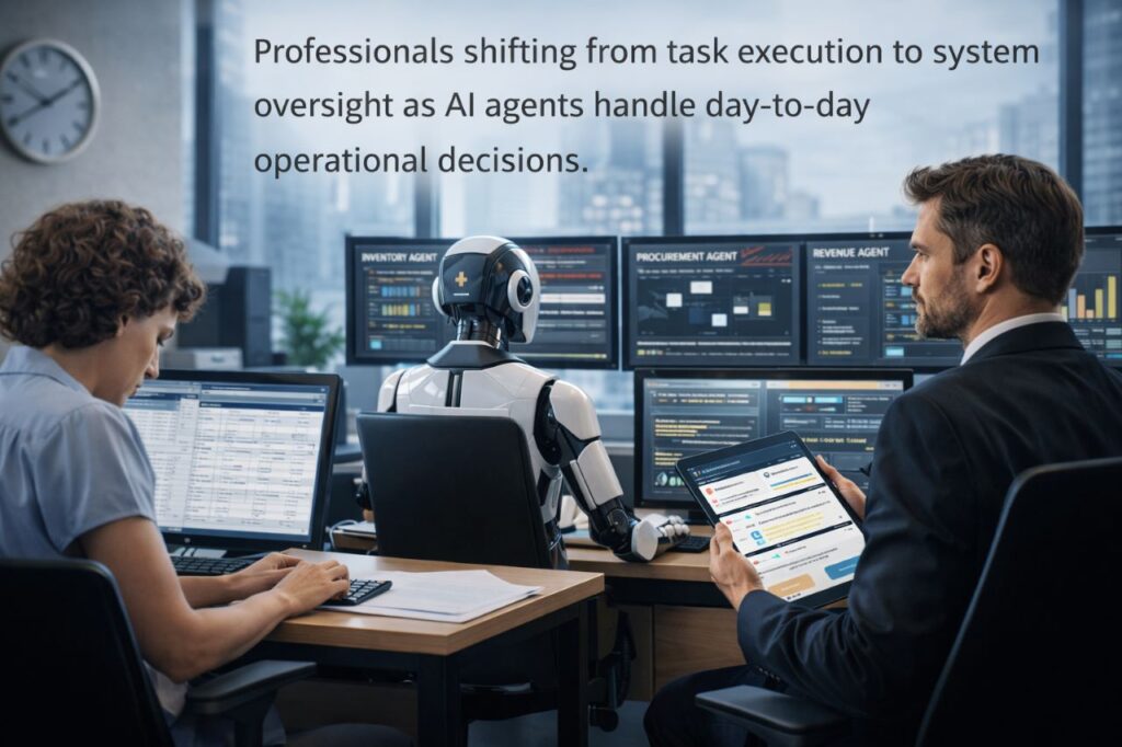 Professional monitoring AI-driven workflows instead of performing manual tasks in a modern office setting