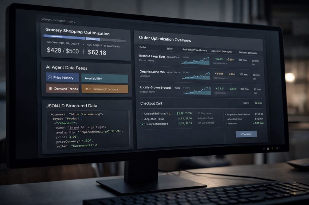 Structured commerce data feeds displayed on a computer screen with pricing and inventory information