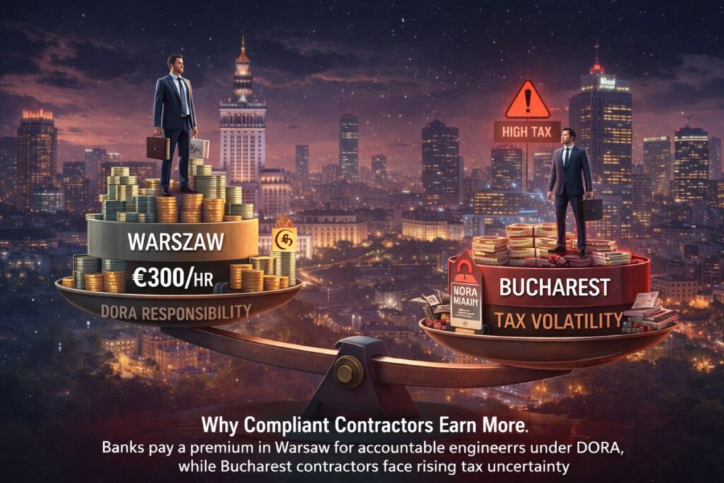 “Warsaw’s €300-per-hour resilience premium illustrated through DORA-ready Java and AI infrastructure, highlighting how regulatory accountability is redefining contractor value in 2026 banking.”