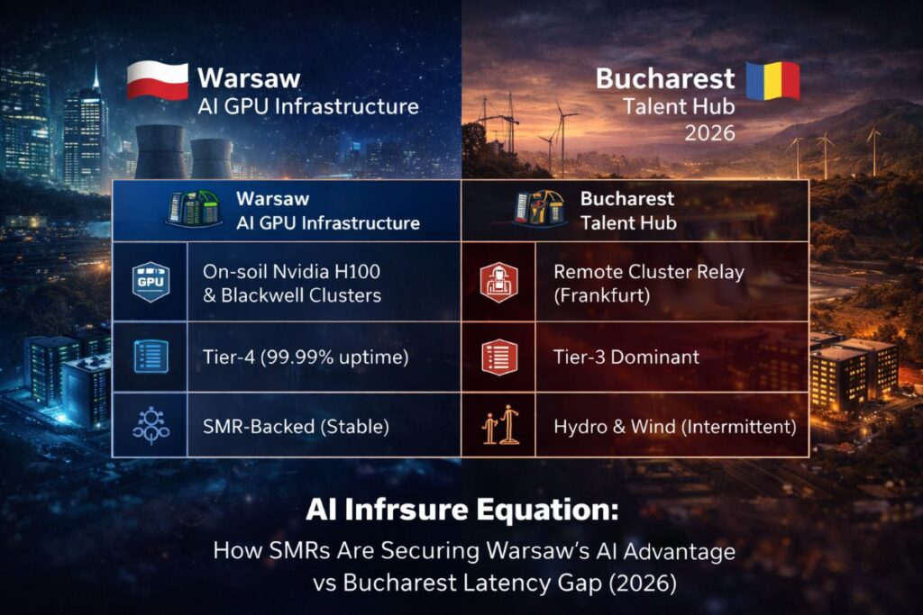 “Comparison table of Warsaw AI GPU infrastructure versus Bucharest talent hub in 2026, highlighting local Nvidia H100 and Blackwell clusters, latency differences, and SMR-backed energy grid readiness.”