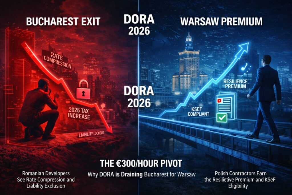 “Comparison of Warsaw and Bucharest B2B IT markets in 2026, showing how DORA liability, in-region mandates, and audit exposure drive higher contractor rates in Poland’s financial sector.”