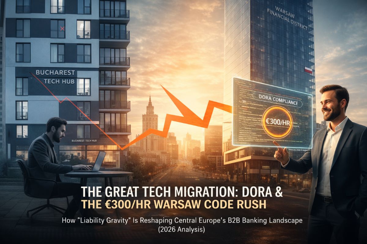 A split-screen visual showing a developer in Bucharest looking toward a high-tech Warsaw banking district skyscraper with a digital overlay of DORA 2026 compliance rates of €300 per hour.
