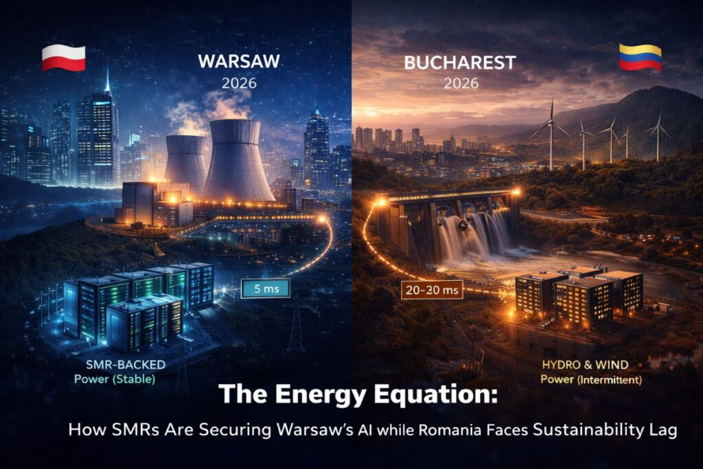 “Geographic comparison of Warsaw and Bucharest AI infrastructure in 2026, showing SMR-backed stable energy supply for Warsaw data centers versus hydro and wind-dependent power supporting Romanian AI facilities.”