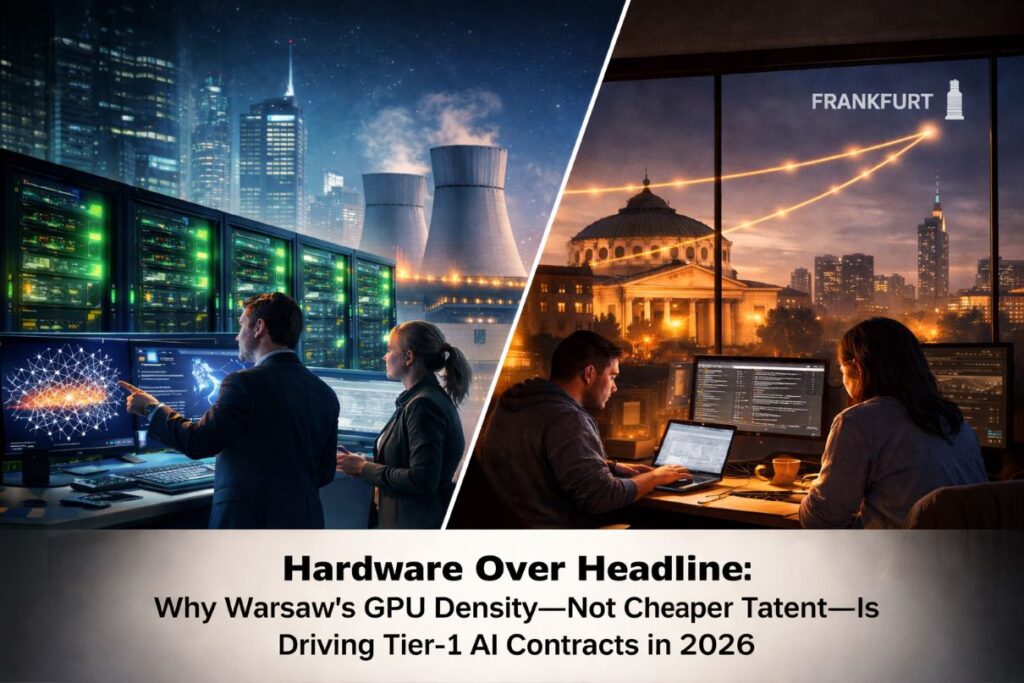 “Visual comparison of Warsaw AI GPU infrastructure versus Bucharest talent hub in 2026, highlighting local Nvidia H100 compute density, latency differences, and sovereign energy-backed data centers.”