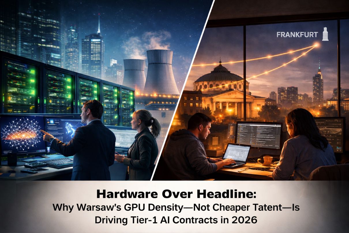 “Visual comparison of Warsaw AI GPU infrastructure versus Bucharest talent hub in 2026, highlighting local Nvidia H100 compute density, latency differences, and sovereign energy-backed data centers.”