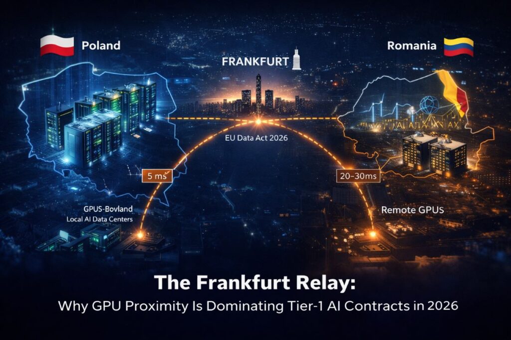“Analytical comparison of Warsaw local AI GPU clusters versus Bucharest remote GPU relay through Frankfurt in 2026, illustrating latency differences, EU Data Act constraints, and Tier-1 AI contract execution risk.”