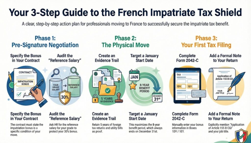 Executive Action Plan dashboard for Article 155 B negotiation. The visual is organized into four distinct modules: 'Fiscal Guardrails' showing a salary benchmark of €75,000; 'Audit-Proofing' detailing recruitment-from-abroad requirements; 'Day 1 Optimization' illustrating withholding tax (PAS) mechanics; and a 'Legal Template' section with a standardized employment contract clause. Each quadrant provides specific technical steps to secure and document French impatriate tax benefits."