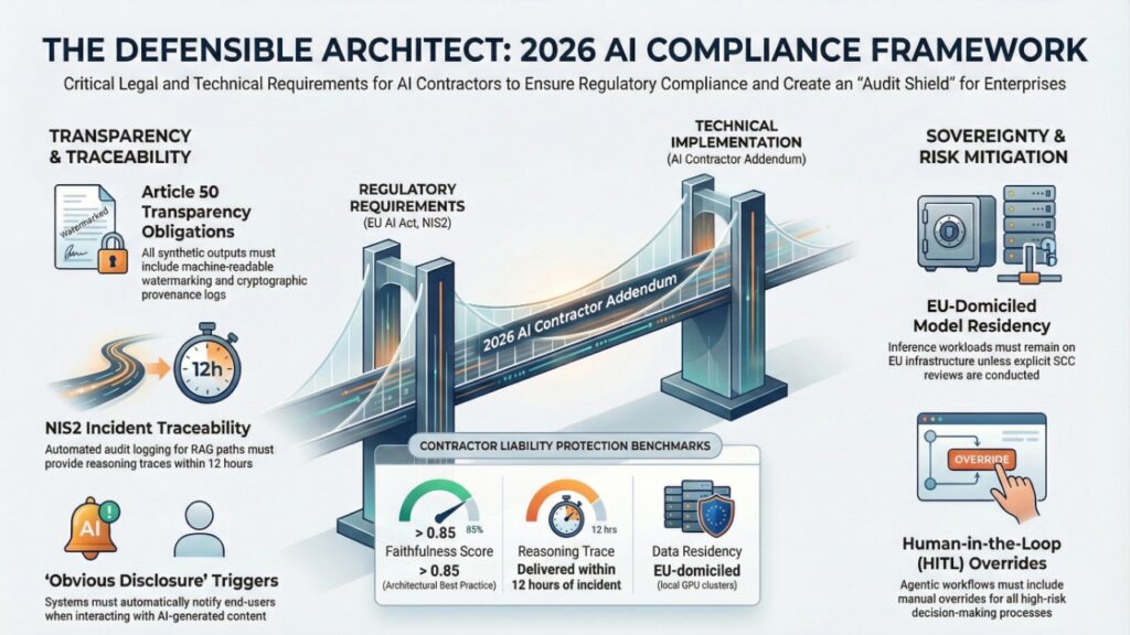 2026 AI compliance framework infographic outlining EU AI Act Article 50 transparency, NIS2 incident traceability, EU-domiciled model residency, human-in-the-loop controls, and contractor liability benchmarks for defensible enterprise AI systems.