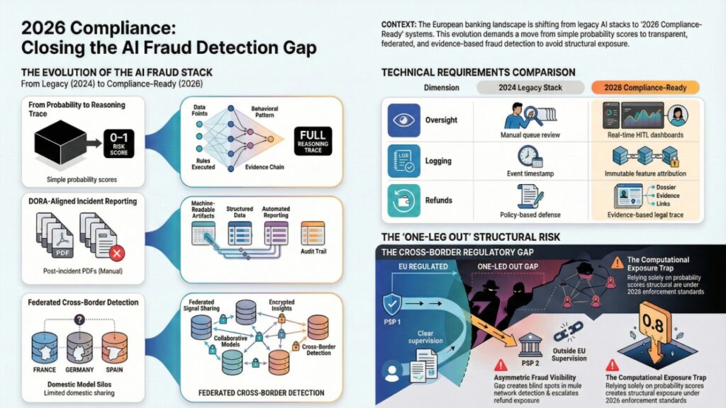 Infographic titled “2026 Compliance: Closing the AI Fraud Detection Gap” comparing legacy probability-based fraud models with compliance-ready reasoning trace systems, DORA-aligned reporting, federated cross-border detection, and structural exposure risks under EU supervision.