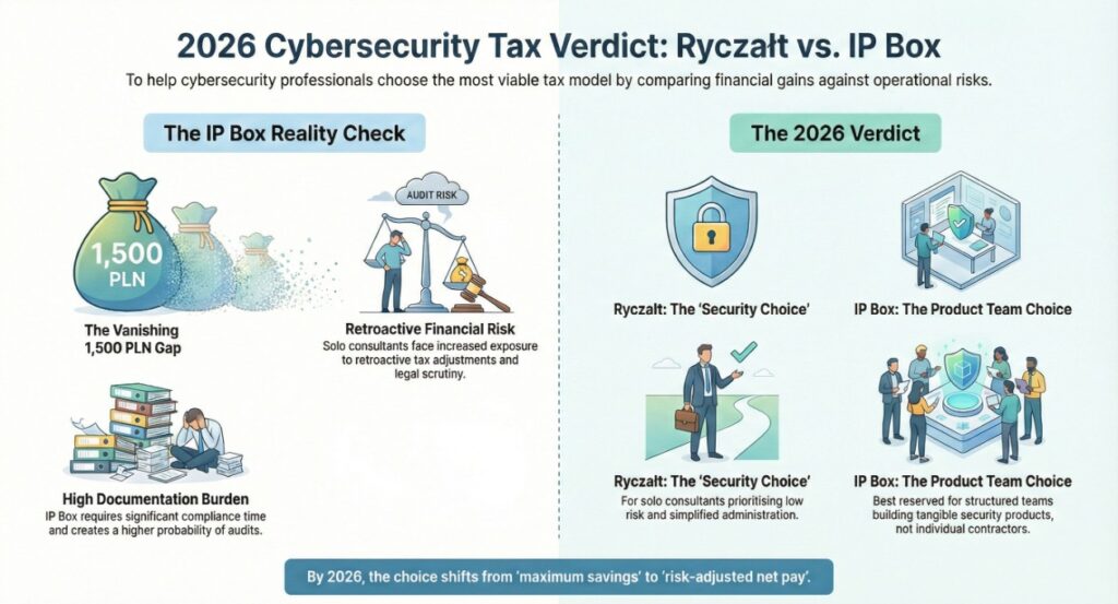 Infographic titled “2026 Cybersecurity Tax Verdict: Ryczałt vs IP Box” showing a comparison of Polish tax models for cybersecurity professionals, highlighting IP Box risks such as audit exposure, documentation burden, and limited savings versus Ryczałt as a lower-risk option for solo consultants.