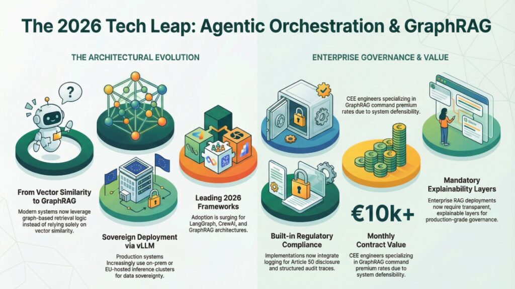 2026 enterprise AI architecture infographic showing the shift from vector similarity to GraphRAG, agentic orchestration frameworks, sovereign vLLM deployment, regulatory compliance integration, and mandatory explainability layers for governance-ready systems.