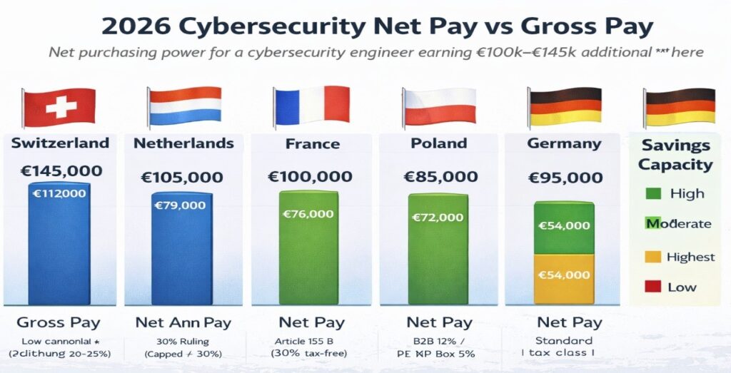 2026 cybersecurity net pay versus gross pay comparison across Switzerland, Netherlands, France, Poland, and Germany after taxes