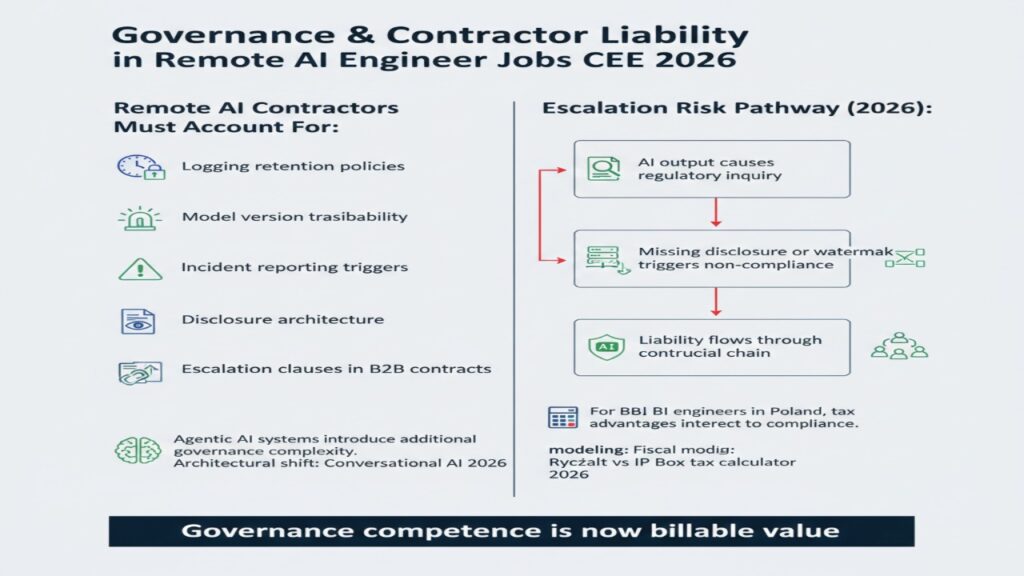 A comprehensive infographic titled "Governance & Contractor Liability in Remote AI Engineer Jobs CEE 2026." The left side lists core requirements for remote AI contractors, including logging retention policies, model version traceability, and escalation clauses in B2B contracts. The right side features a flow chart of the "Escalation Risk Pathway (2026)," showing how an AI output can lead to regulatory inquiries, non-compliance triggers due to missing watermarks, and ultimately how liability flows through the contractual chain. A bottom footer highlights that for B2B engineers in Poland, governance competence has become a billable value intersecting with tax advantages like IP Box and Ryczałt.
