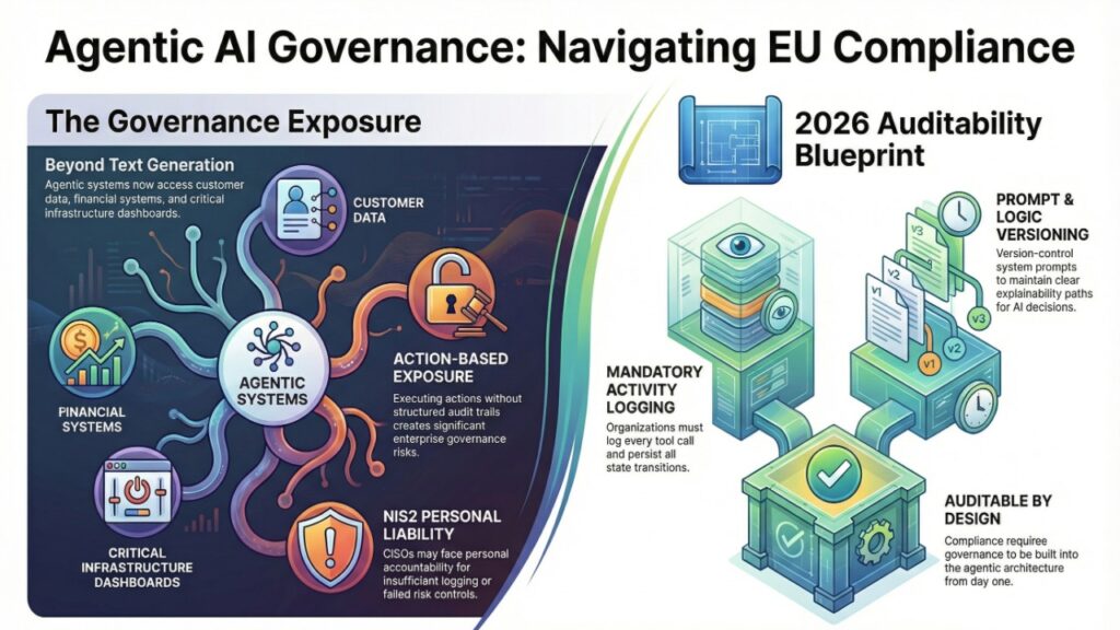 Diagram showing governance exposure of agentic AI systems connected to customer data, financial systems, and critical infrastructure dashboards. Highlights NIS2 personal liability risks and presents a 2026 auditability framework including mandatory tool-call logging, state persistence, prompt versioning, and auditable-by-design architecture.