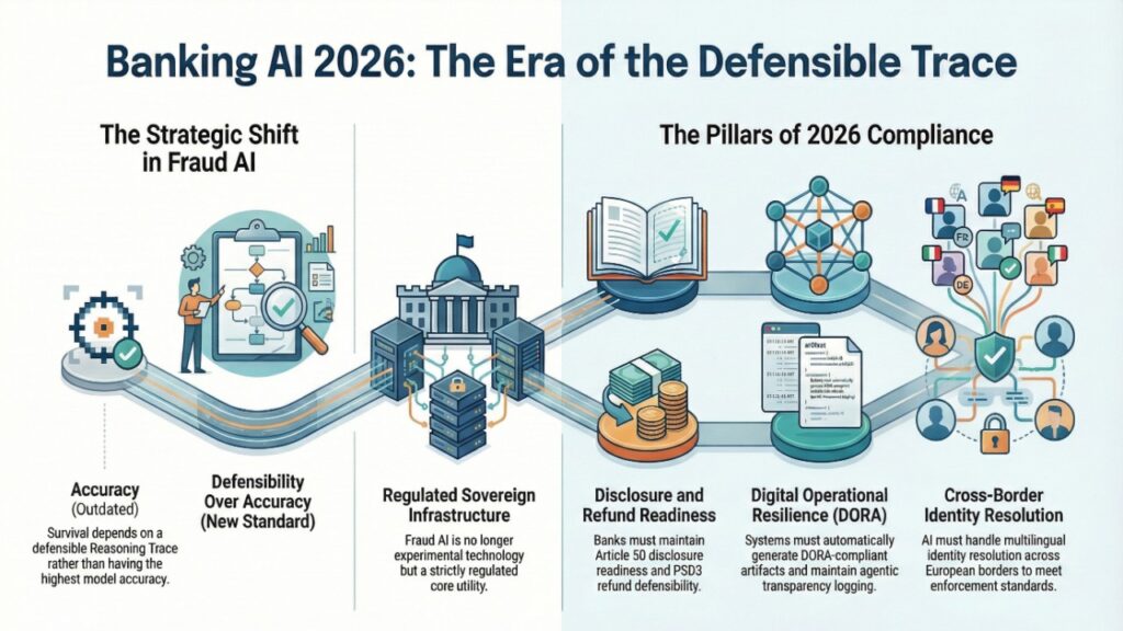 “Banking AI 2026: The Era of the Defensible Trace” illustrating the shift from model accuracy to defensible reasoning traces, regulated sovereign infrastructure, PSD3 refund readiness, DORA operational resilience, and cross-border identity resolution.
