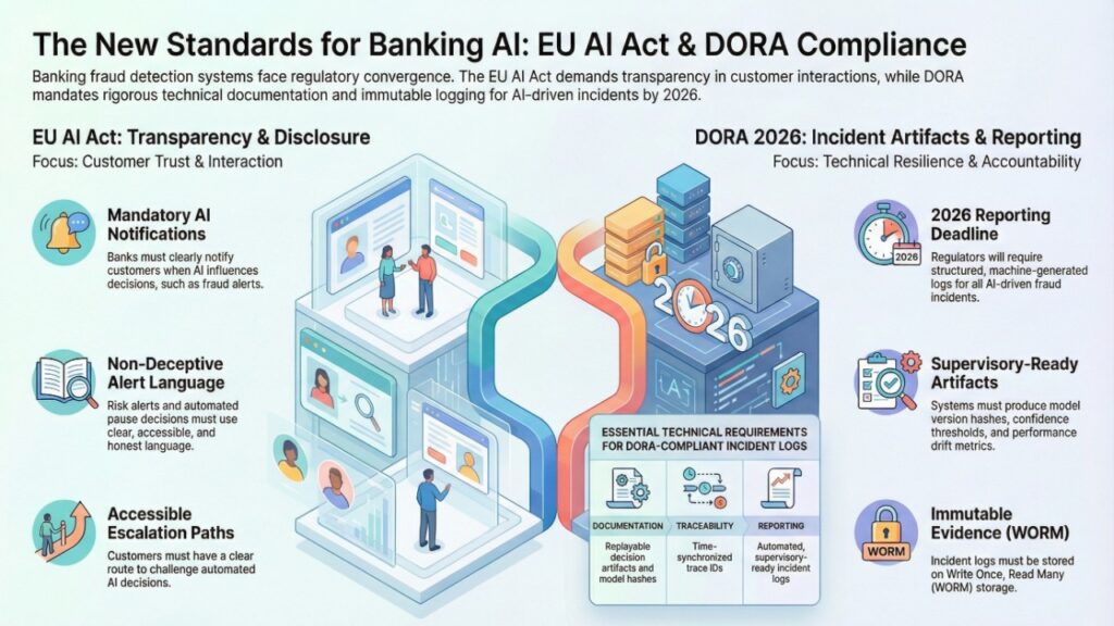 Infographic outlining EU AI Act transparency and DORA 2026 incident reporting requirements, including mandatory AI notifications, non-deceptive alerts, accessible escalation paths, supervisory-ready artifacts, immutable WORM evidence storage, and structured incident logs.