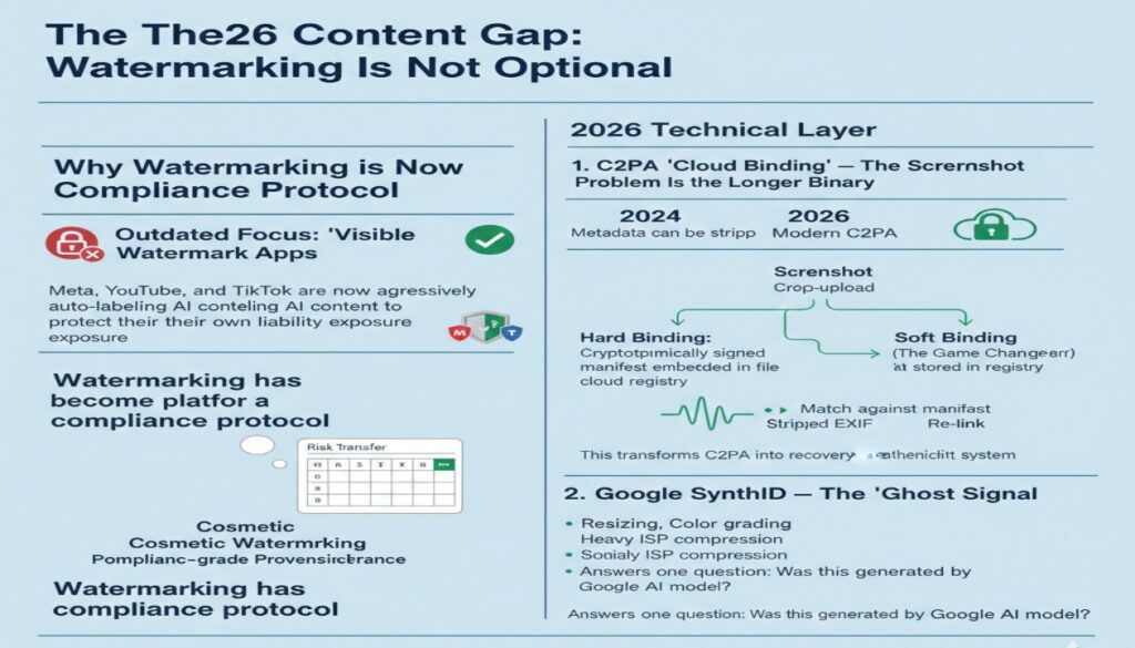 A technical infographic titled "The 2026 Content Gap: Watermarking Is Not Optional." It contrasts outdated visible watermarks with modern compliance protocols used by Meta, YouTube, and TikTok. The central section diagrams the difference between "Hard Binding" (cryptographic manifests) and "Soft Binding" (perceptual hashing), explaining how content can be re-linked to its original manifest even after being screenshotted or stripped of metadata. The bottom section describes "Google SynthID" as a forensic "Ghost Signal" that survives resizing and compression, concluding that C2PA is used for transparency while SynthID is used for forensic resilience.