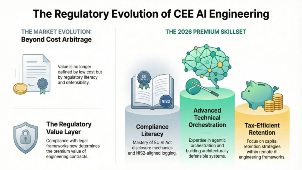 A comprehensive infographic titled "Governance & Contractor Liability in Remote AI Engineer Jobs CEE 2026." The left side lists core requirements for remote AI contractors, including logging retention policies, model version traceability, and escalation clauses in B2B contracts. The right side features a flow chart of the "Escalation Risk Pathway (2026)," showing how an AI output can lead to regulatory inquiries, non-compliance triggers due to missing watermarks, and ultimately how liability flows through the contractual chain. A bottom footer highlights that for B2B engineers in Poland, governance competence has become a billable value intersecting with tax advantages like IP Box and Ryczałt.