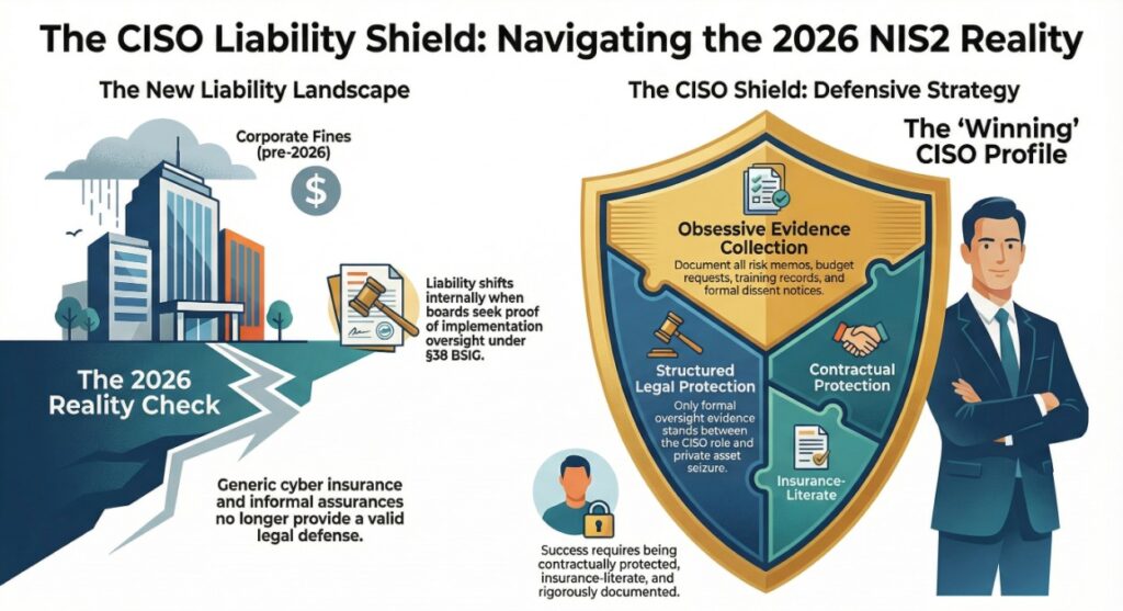 An educational infographic titled "The CISO Liability Shield: Navigating the 2026 NIS2 Reality." The left side illustrates the "2026 Reality Check," showing a corporate building under a storm cloud, signifying a shift where boards may seek proof of implementation oversight under §38 BSIG to shift liability internally. The right side features a large golden shield labeled "The CISO Shield: Defensive Strategy," divided into three sections: Obsessive Evidence Collection, Structured Legal Protection, and Contractual Protection. A professional "Winning CISO" stands beside the shield, emphasizing the need for insurance literacy and rigorous documentation to prevent private asset seizure.
