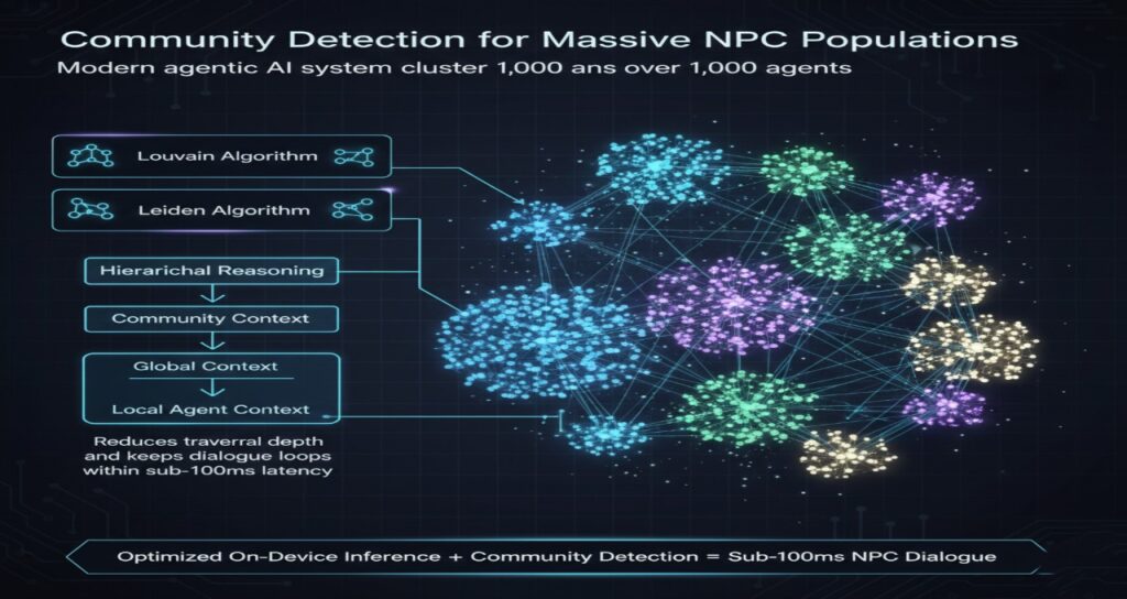 A technical data visualization infographic titled "Community Detection for Massive NPC Populations." On the right, it features a vibrant network graph showing thousands of agents clustered into color-coded communities using the Louvain and Leiden algorithms. The left side diagrams the "Hierarchical Reasoning" flow: moving from Global Context to Community Context, and finally to Local Agent Context. The infographic explains how this structure reduces traversal depth to maintain a sub-100ms latency envelope for real-time dialogue loops in large-scale agentic AI systems.