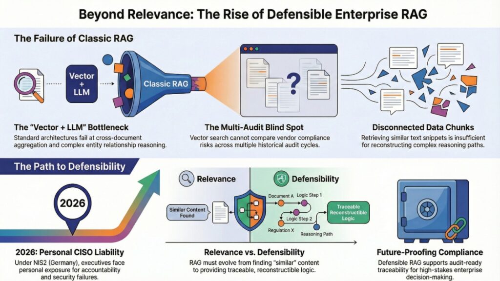 Infographic showing the rise of defensible enterprise RAG in 2026, explaining limitations of classic vector plus LLM architectures, disconnected data chunks, multi-audit blind spots, and the shift toward traceable, compliance-ready AI reasoning.