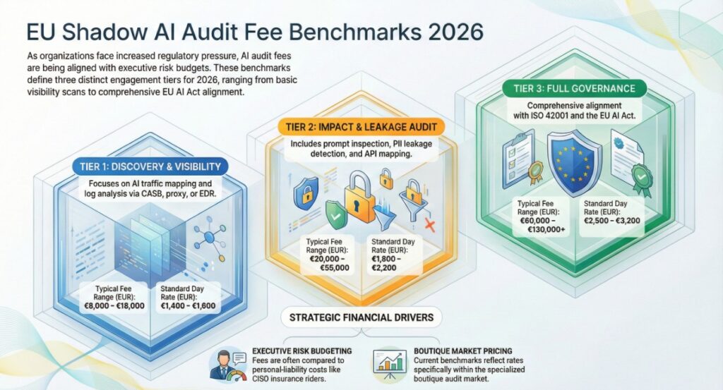 EU Shadow AI audit fee benchmarks infographic for 2026 comparing three engagement tiers—discovery and visibility, impact and leakage audit, and full governance—with typical fee ranges, daily rates, and alignment with EU AI Act and ISO 42001 requirements.