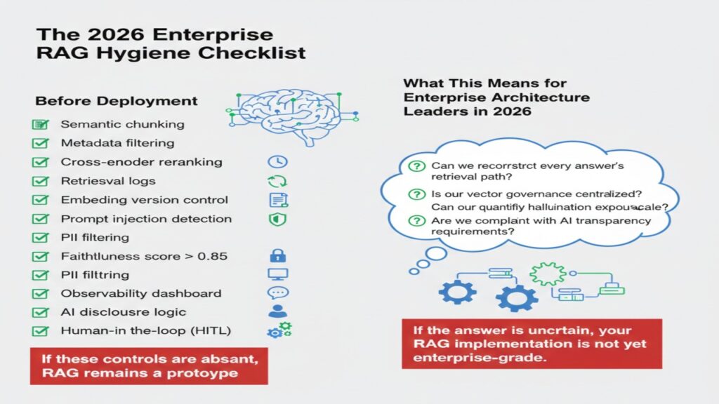 A professional infographic titled "The 2026 Enterprise RAG Hygiene Checklist." On the left, a comprehensive "Before Deployment" checklist includes technical requirements such as semantic chunking, metadata filtering, cross-encoder reranking, prompt injection detection, and a faithfulness score requirement of over 0.85. The right side features a section for Enterprise Architecture Leaders, posing critical governance questions regarding retrieval paths, vector centralization, and hallucination exposure. A red warning banner at the bottom emphasizes that without these controls, RAG implementations remain mere prototypes rather than enterprise-grade systems
