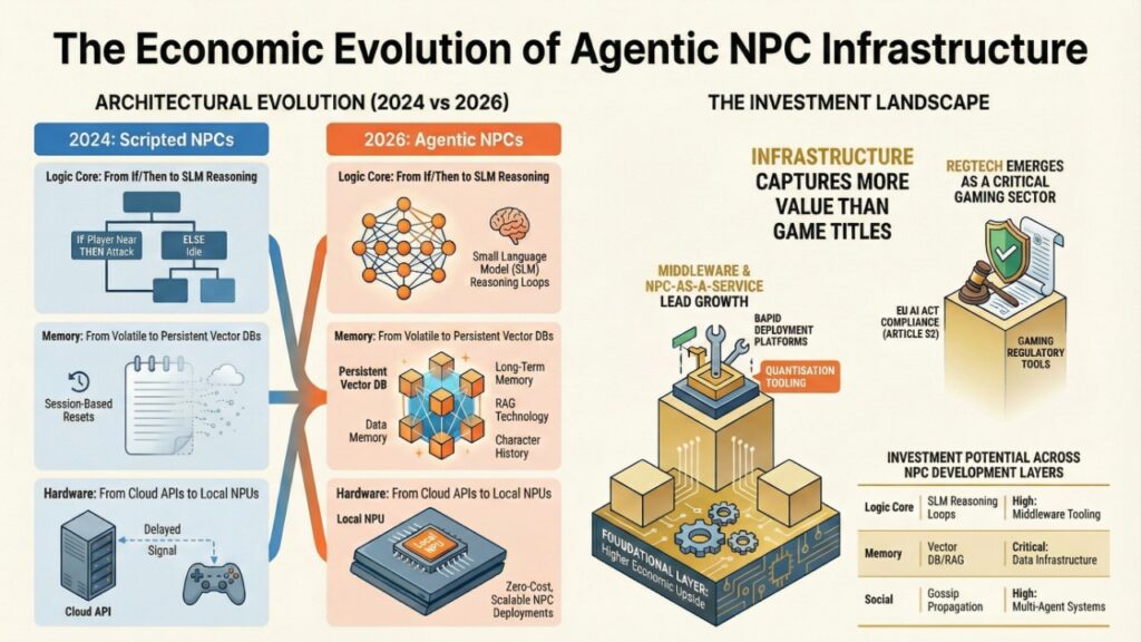 A two-column infographic titled “The Economic Evolution of Agentic NPC Infrastructure.” The left column compares 2024 scripted NPC architecture (if/then logic trees, session-based memory resets, cloud APIs) with 2026 agentic NPC architecture (small language model reasoning loops, persistent vector databases, long-term memory, local NPUs). The right column presents an investment landscape diagram showing infrastructure layers, middleware and NPC-as-a-service growth, quantization tooling, EU AI Act compliance tooling, and gaming regulatory tools. A summary table outlines investment potential across logic core, memory, and social propagation layers. The visual style uses orange and gold highlights to emphasize economic value capture.