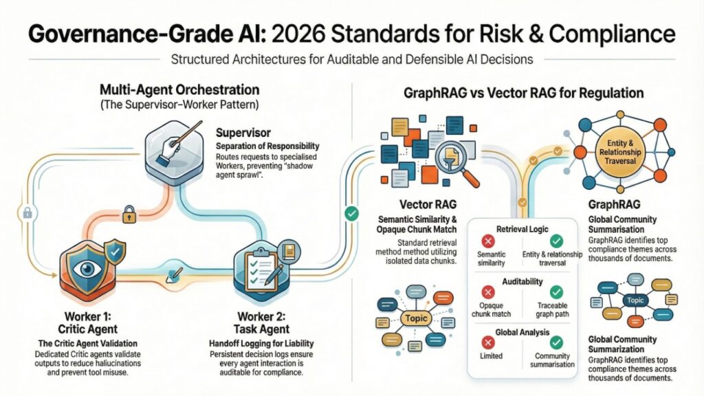 Diagram illustrating 2026 governance-grade AI architecture. On the left, a multi-agent orchestration model shows a Supervisor routing tasks to a Critic Agent and Task Agent with separation of responsibility and logging. On the right, a comparison between Vector RAG and GraphRAG demonstrates semantic similarity search versus entity and relationship traversal, emphasizing auditability and global compliance analysis.