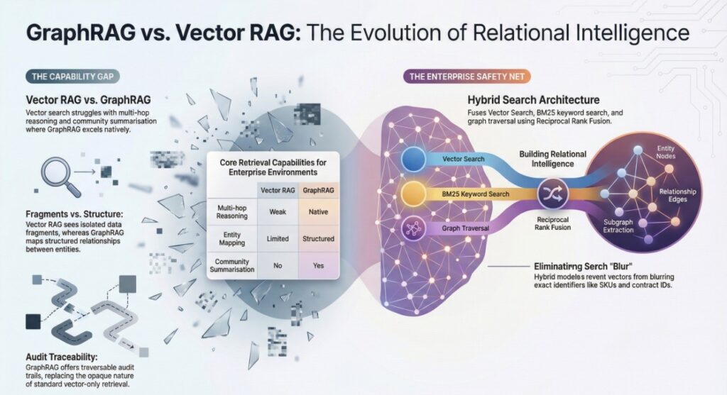 GraphRAG vs vector RAG comparison infographic highlighting multi-hop reasoning, entity mapping, community summarization, hybrid search architecture, reciprocal rank fusion, and relational intelligence for enterprise AI systems.