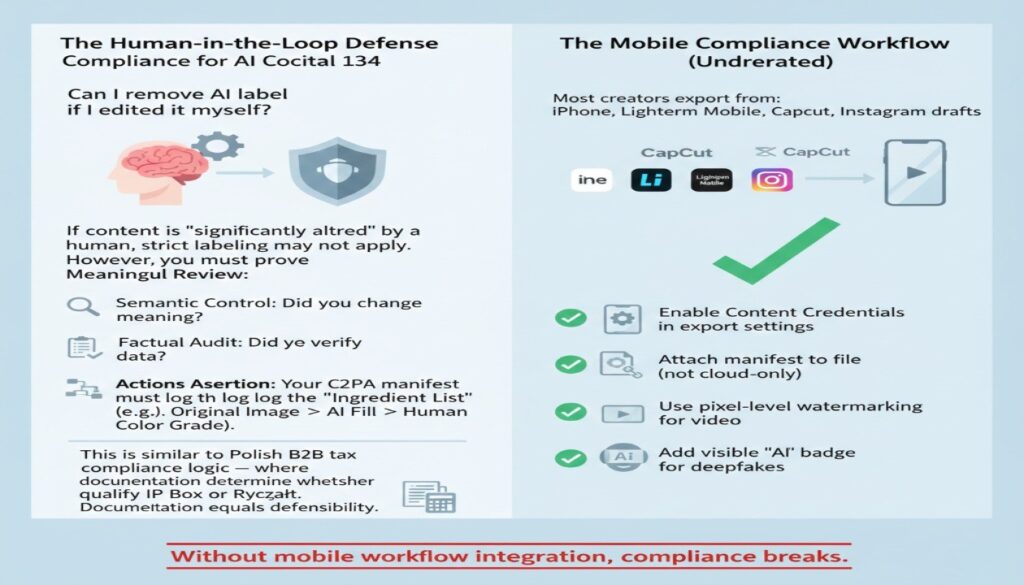 A dual-pane infographic titled "The Human-in-the-Loop Defense." The left side explains "Compliance for Recital 134," illustrating how "meaningful review" through semantic control, factual audits, and C2PA action assertions allows for the removal of AI labels if content is significantly altered. It compares this to Polish B2B tax documentation. The right side covers the "Mobile Compliance Workflow," showing a checklist for creators using apps like iPhone, Lightroom, and CapCut to enable Content Credentials and attach manifests to files to ensure forensic defensibility.