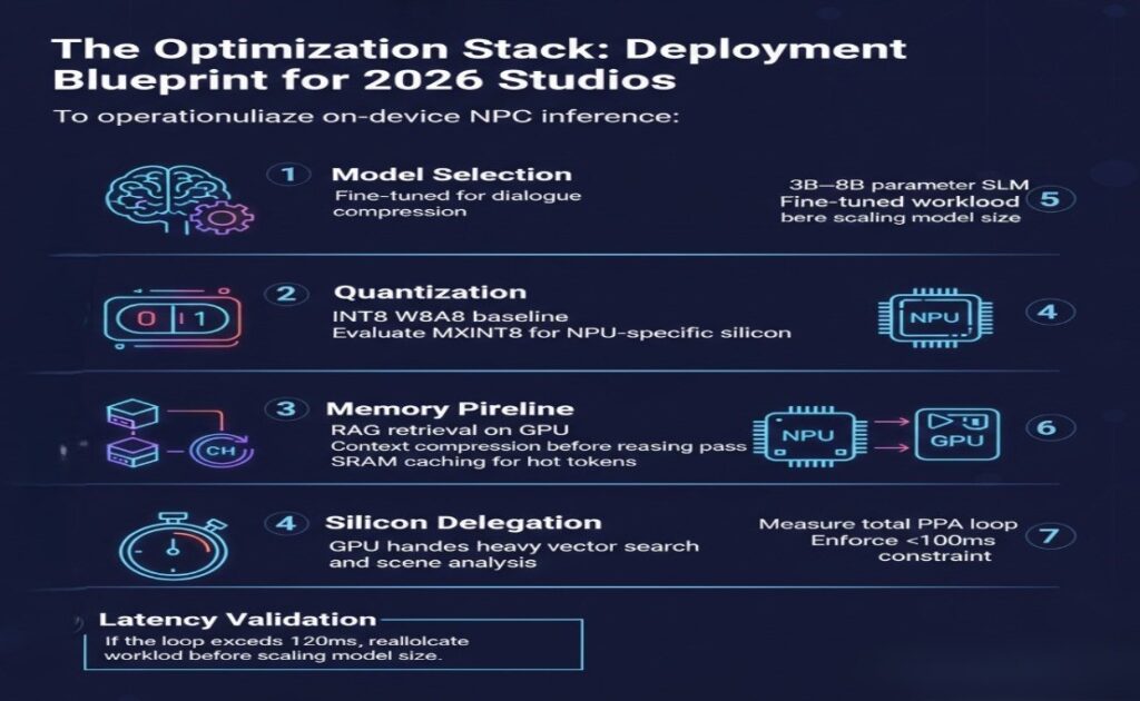 A high-tech, dark-themed infographic titled "The Optimization Stack: Deployment Blueprint for 2026 Studios," outlining a five-step process for on-device NPC inference.