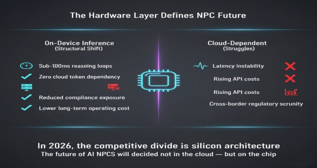 A side-by-side comparison infographic titled "The Hardware Layer Defines NPC Future." The left side showcases the benefits of "On-Device Inference," including sub-100ms reasoning loops, zero cloud dependency, and lower operating costs. The right side lists the struggles of "Cloud-Dependent" systems, such as latency instability, rising API costs, and regulatory scrutiny. A glowing microchip icon sits at the center, representing the structural shift in silicon architecture. The footer emphasizes that in 2026, the competitive divide in AI NPCs is decided "on the chip" rather than in the cloud.