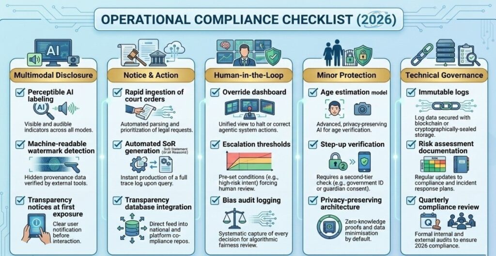 A detailed professional infographic titled "OPERATIONAL COMPLIANCE CHECKLIST (2026)" divided into five categorical pillars.Multimodal Disclosure: Covers perceptible AI labeling and machine-readable watermarks.Notice & Action: Focuses on rapid ingestion of court orders and automated Statement of Reasons (SoR) generation.Human-in-the-Loop: Details override dashboards, escalation thresholds, and bias audit logging.Minor Protection: Features age estimation models and privacy-preserving architecture.Technical Governance: Highlights immutable logs, risk assessment documentation, and quarterly reviews.
The design uses a clean, light-blue technical aesthetic with instructional icons for each compliance requirement.