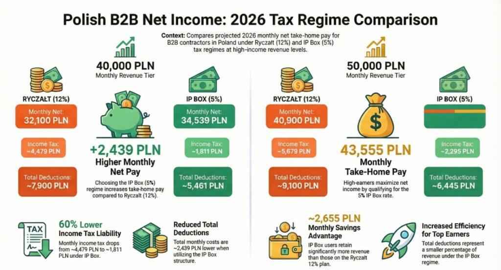 Comparison chart of Polish B2B net income in 2026 showing monthly take-home pay for 40,000 PLN and 50,000 PLN revenue under Ryczałt (12%) versus IP Box (5%), including income tax, total deductions, and net pay differences.