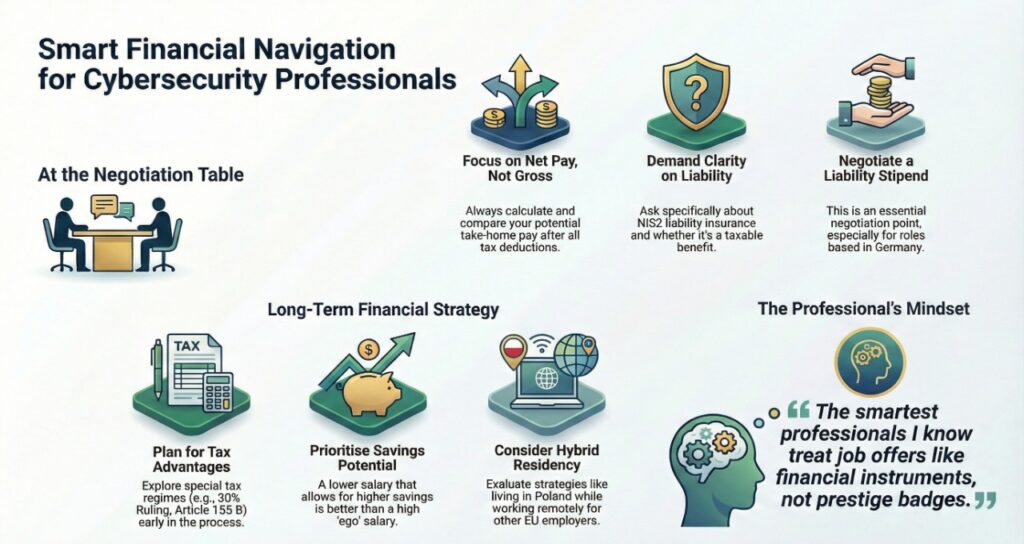 Smart financial navigation infographic for cybersecurity professionals showing salary negotiation tips, net pay vs gross pay, liability insurance clarity, tax planning, savings strategy, hybrid residency options, and a mindset focused on net wealth rather than prestige.