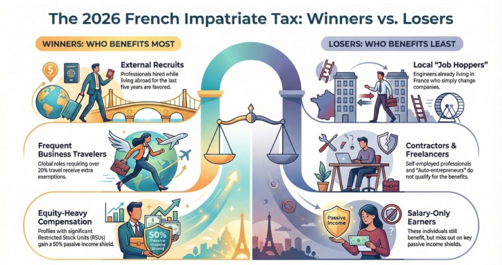 “Table comparing winners and losers of the French impatriate tax regime (Article 155 B) in 2026, highlighting which cybersecurity professionals benefit most and which profiles are excluded.”