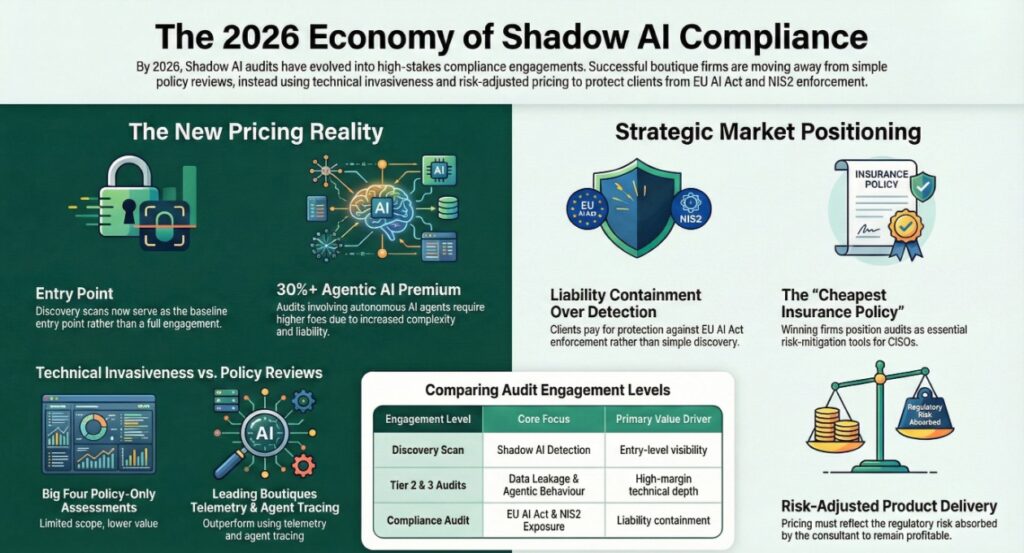 Infographic titled “The 2026 Economy of Shadow AI Compliance” explaining how Shadow AI audits have evolved into high-stakes compliance engagements, showing new pricing realities, agentic AI audit premiums, technical invasiveness versus policy reviews, and strategic positioning focused on EU AI Act and NIS2 liability containment.